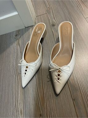 INC International Concepts White Pointed Toe Slip-On Mules with Lace-Up Detail